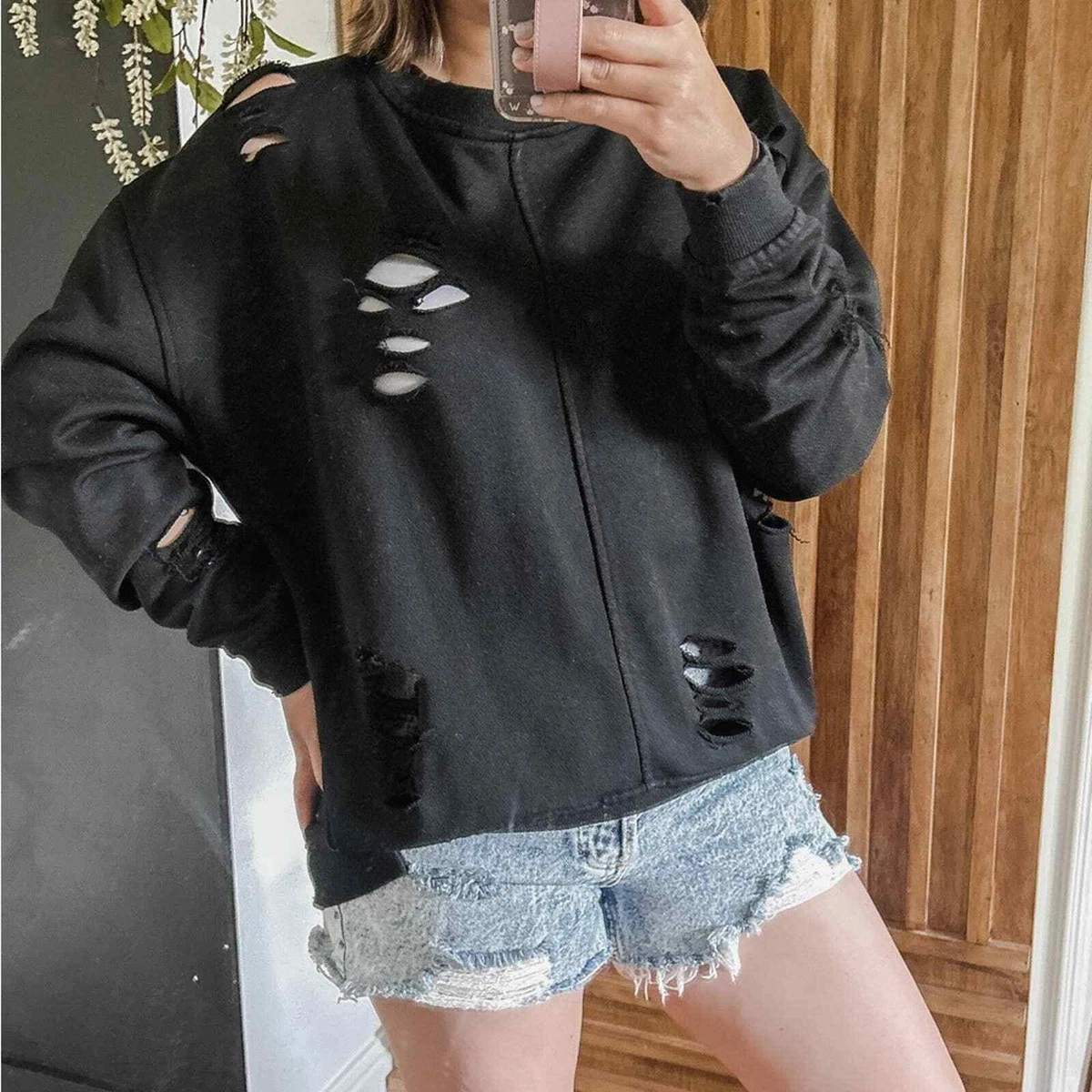 Allie Rae Distressed Pullover Sweatshirt. Size S Black