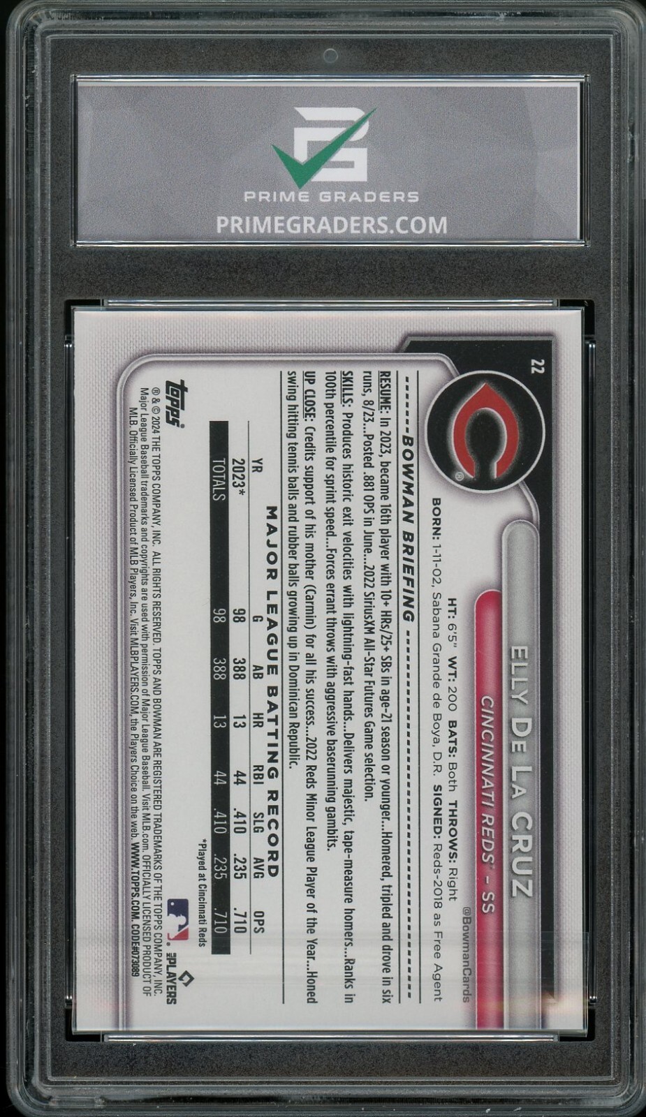 2024 Bowman #22 Elly De la Cruz GRADED 10 GEM Mint Rookie Card RC view 2