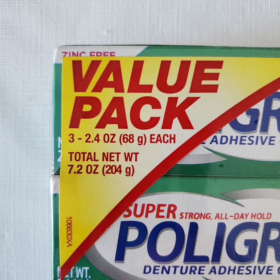 POLIGRIP 3 Pack 2.4oz Zinc Free Denture Adhesive Cream Super Strong