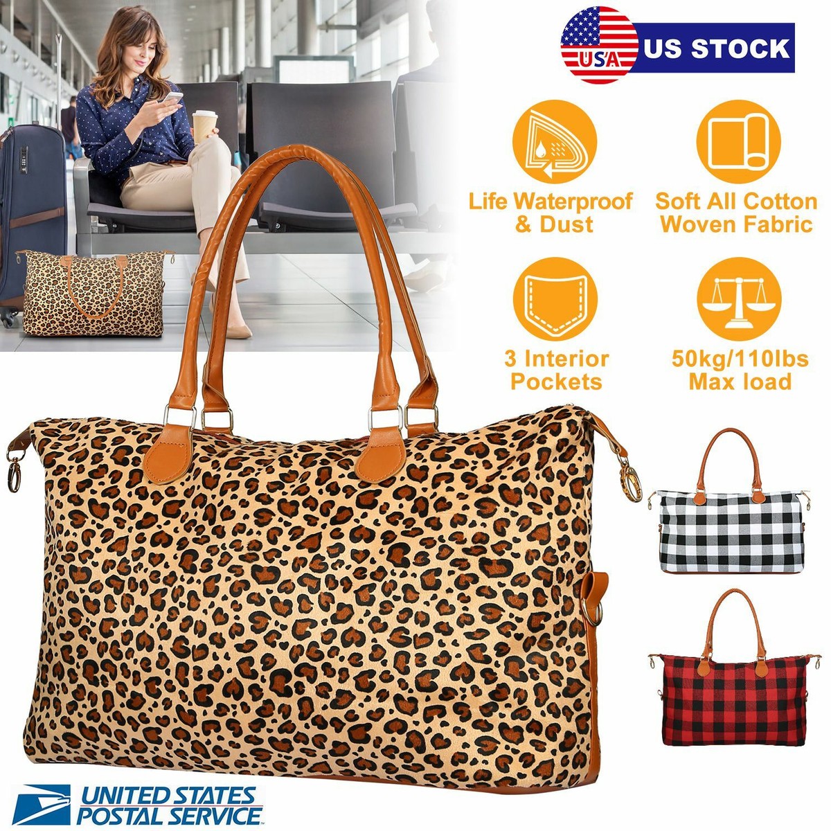 Women Weekend Overnight Bags Canvas Leather Duffle Bag Travel Tote