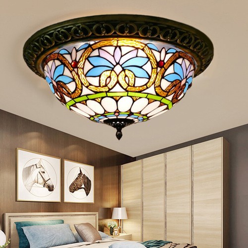 Tiffany Flush Mount Light Stained Glass Chandelier Ceiling Fixture 12'' W Round - Picture 5 of 10