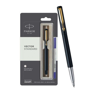 Parker Vector Standard Gold Trim Roller Ball Pen | Ink Color - Blue | Black Body