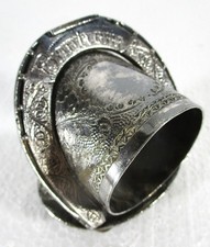 CA 1880 SILVER PLATE TUFTS NAPKING RING HOLDER "HORSE SHOE & BOHNHEUR" HAPPINESS