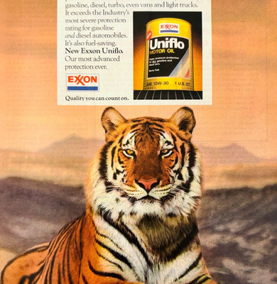 1984 Exxon Uniflo Motor Oil Advertisement Vintage Bengal Tiger Automobile DWU17F
