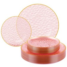 FOCUSLINE 60Pcs Clear Plastic Plates, Pink Disposable Plates with Gold Rim, 3...