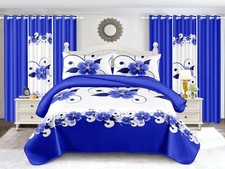 Blue White Floral Duvet Cover Curtain Set, Coordinated Bedroom, Pillowcases