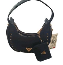 Valentino Orlandi Black Vegan Leather Gold Studded Shoulder Bag + Wallet NWT