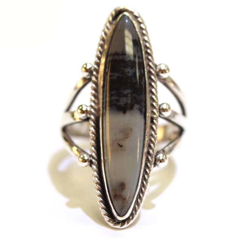 925 sterling silver Elongated Dendritic Agate gemstone fashion ring 6.1g estate