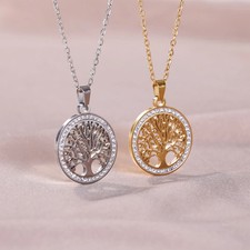 Stainless Steel Round Pendant Necklace Women Gold Tone Zircon Chain Jewelry