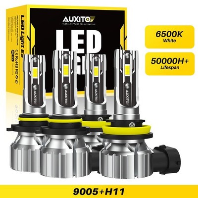 9005+H11 Headlight Lamp LED 6500K Bright Fog Bulb Set Universal Super White 4X