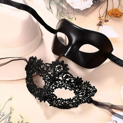 2pcs Black Lace Masquerade Mask Set for Couples Venetian Halloween Party