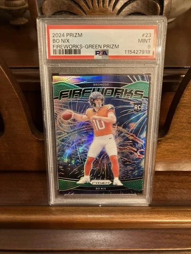 2024 Panini Prizm - Fireworks Bo Nix #23 Green Prizm (RC) PSA 9