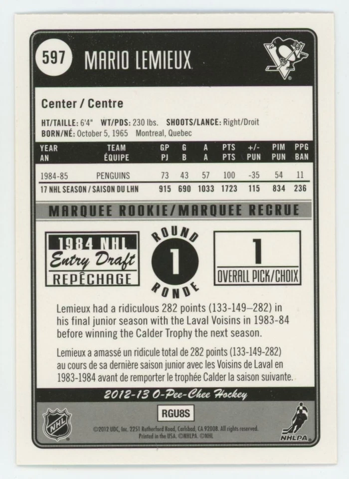 2012-13 O-PEE-CHEE Mario Lemieux MARQUEE LEGEND RAINBOW #597 - Image 2 of 2