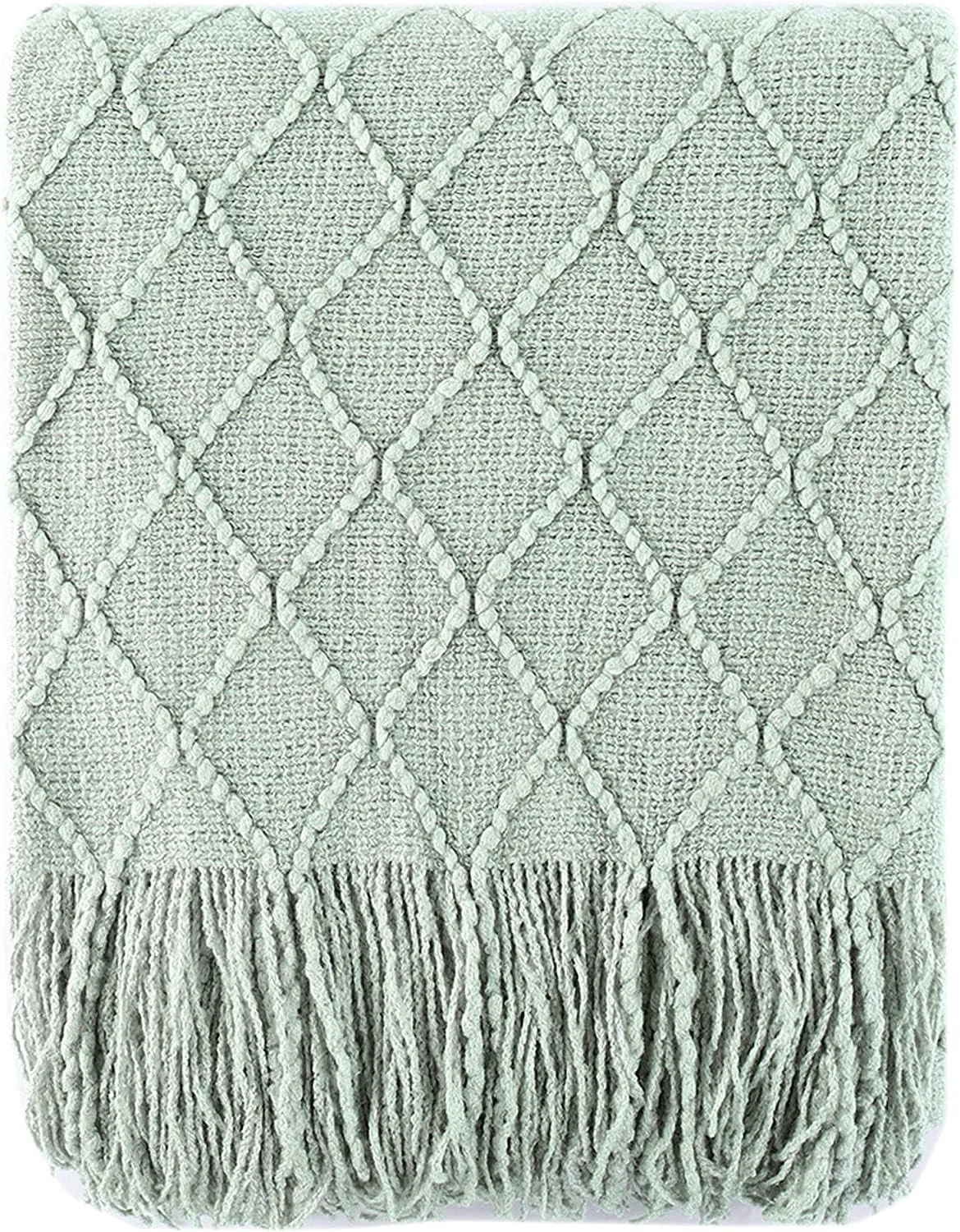 Sage Green Throw Blanket for Couch, Boho Bed Throws for Home Decor, Light Blu...