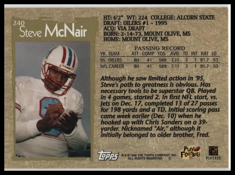 1996 Topps #240 Steve McNair - Image 2 of 2