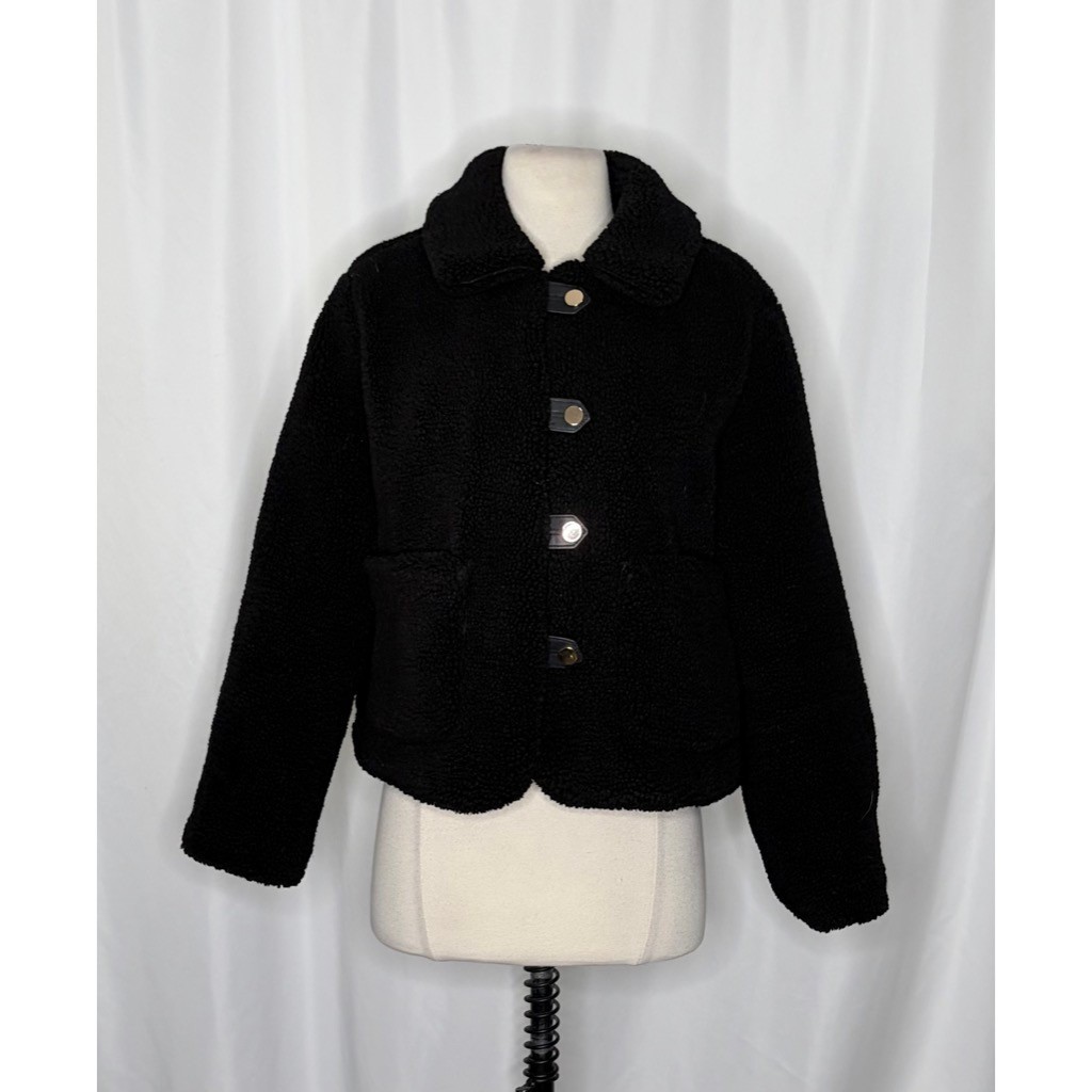ZARA Black Sherpa Fuzzy Fleece Teddy Coat Faux Shearling Snaps Pockets Small image 2