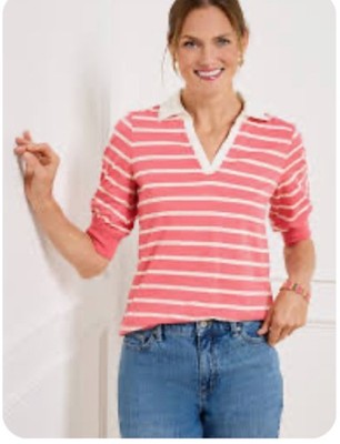 Talbots Primrose Stripe Johnny Collar Pullover Polo Shirt ~ Pima Cotton~XLP ~NWT