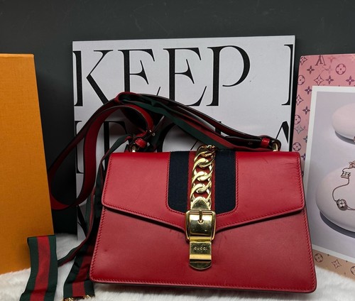 Gucci Sylvie Shoulder Bag Red Leather With Red Leather Strap Authentic