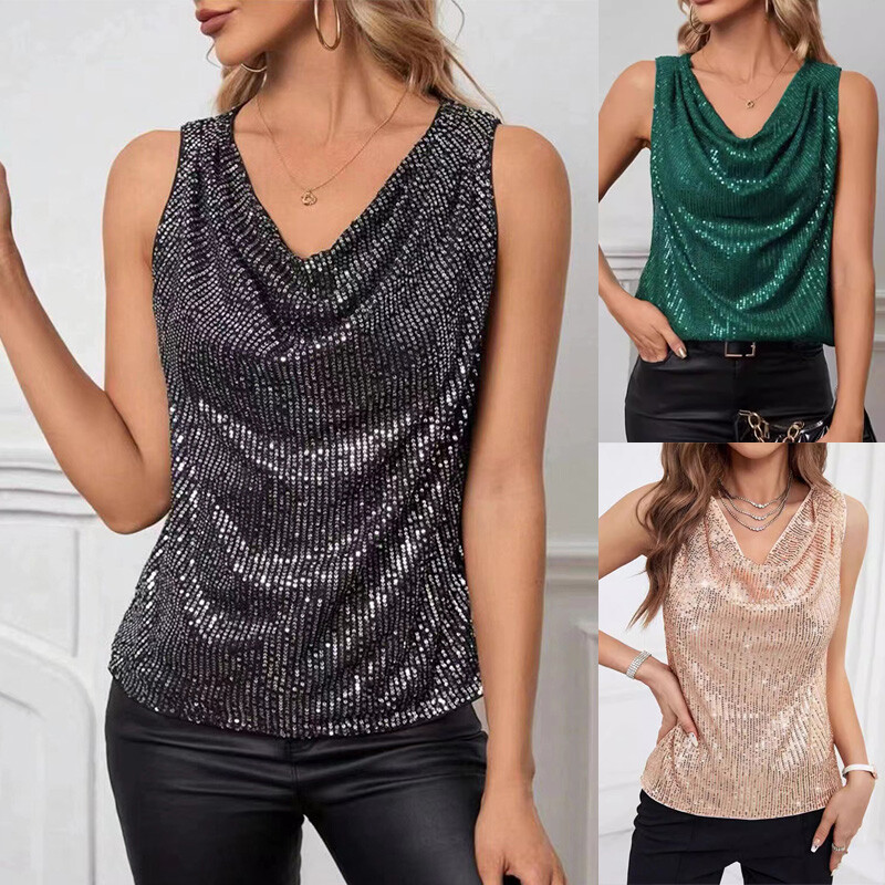 Ladies Sleeveless Christmas Party Vest Tops Glitter Sequin Shirts Tank Cami  Tops