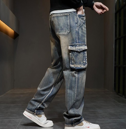 Herren Retro Blau Denim Übergröße Stretch Hose Jeans Mehrere Taschen Hose Punk - Bild 3 von 11