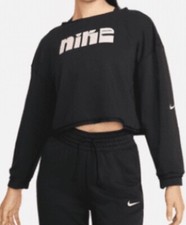 New Nike Women Fleece Training Sweatshirt Dri-Fit Cropped Pink Black Size L