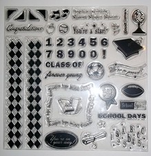 School Days, Graduation 42 clear Acrylic Stamps 8 x 8 Inches by Fiskars NIP
