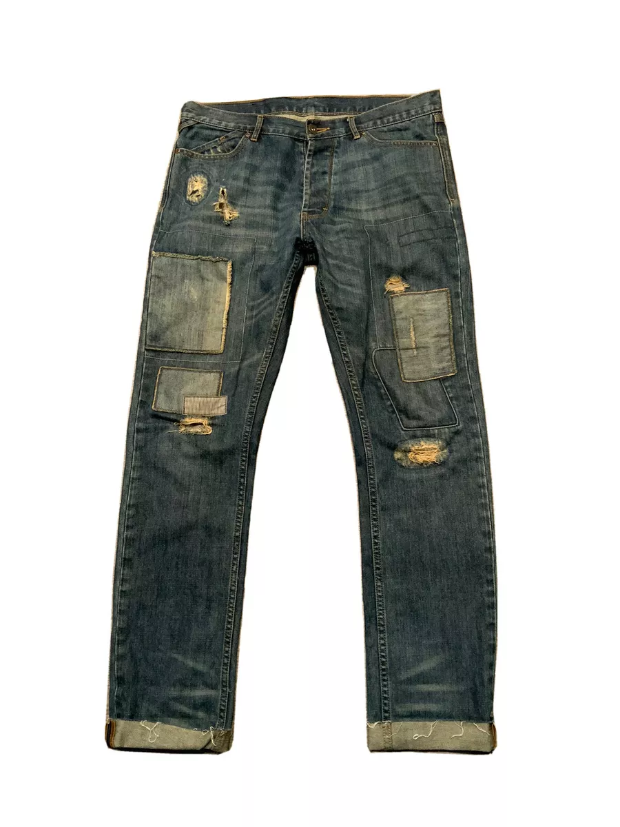 Vintage Sample Patchwork Distressed Ripped Sewn Woven Denim Slim