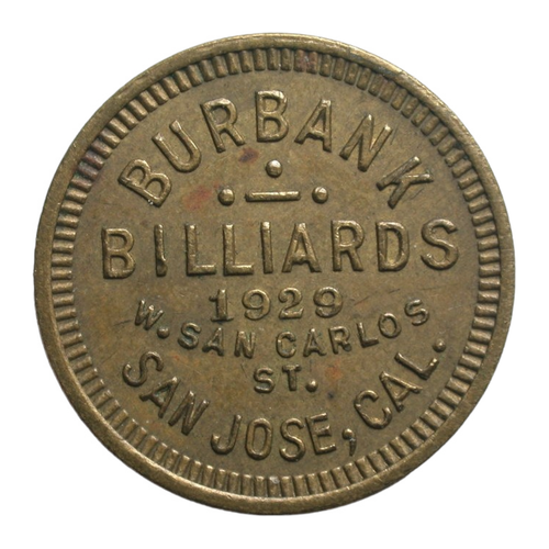 San Jose, CA Burbank Billiards G/F 5¢ in Trade Token K1 eBay