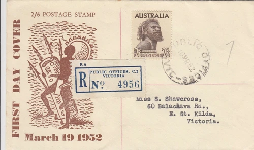 Stamp 1952 Australia 2/6 Aboriginal on Haslem specific cachet FDC registered