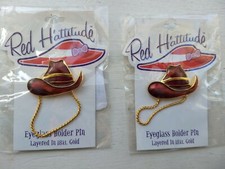 TWO RED HATTITUDE EyeGlass Holder Pin Layered In 18kt Gold New