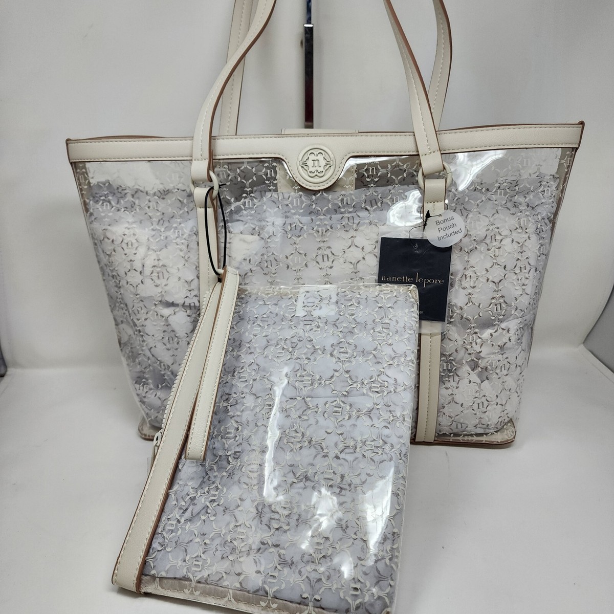 Nanette Lepore Tote Womens Maxine Clear Handbag Vegan Logo Allover