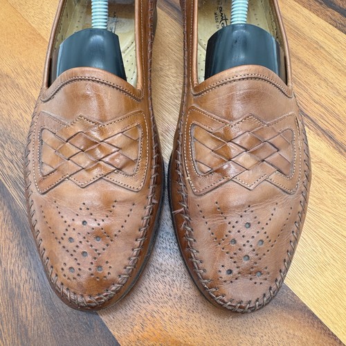 Santoni Italian Leather Woven Loafer Shoes Mens 8 Brown Classic Preppy - Picture 3 of 11
