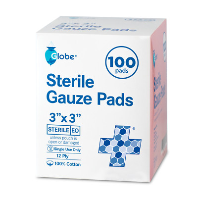 Globe 3   x 3   Advanced Sterile Gauze Pads for Wound Dressing| 100-Pack, 12-Ply