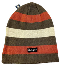 Life Is Good Beanie Cap Hat Striped Orange Rust Brown Knit OS EUC