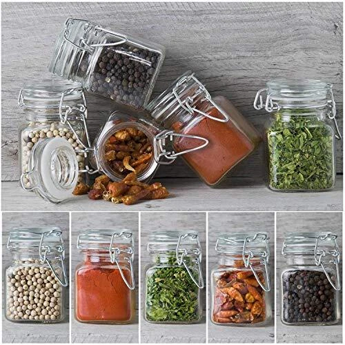 Spice Jars, SPANLA 12 Pack 4oz Small Glass Jars with Airtight Hinged Lid, with 12 Spice Labels & Silicone Funnels, for Art Craft Storage