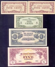 MALAYA  5,5,10 Cents 1,5,10,10,100,100,1000 Dollars ND(1942-1944) PM2-M10 UNC