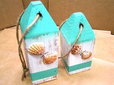 2 Wooden fishing buoys, REAL seashells, Garden Nautical Decor