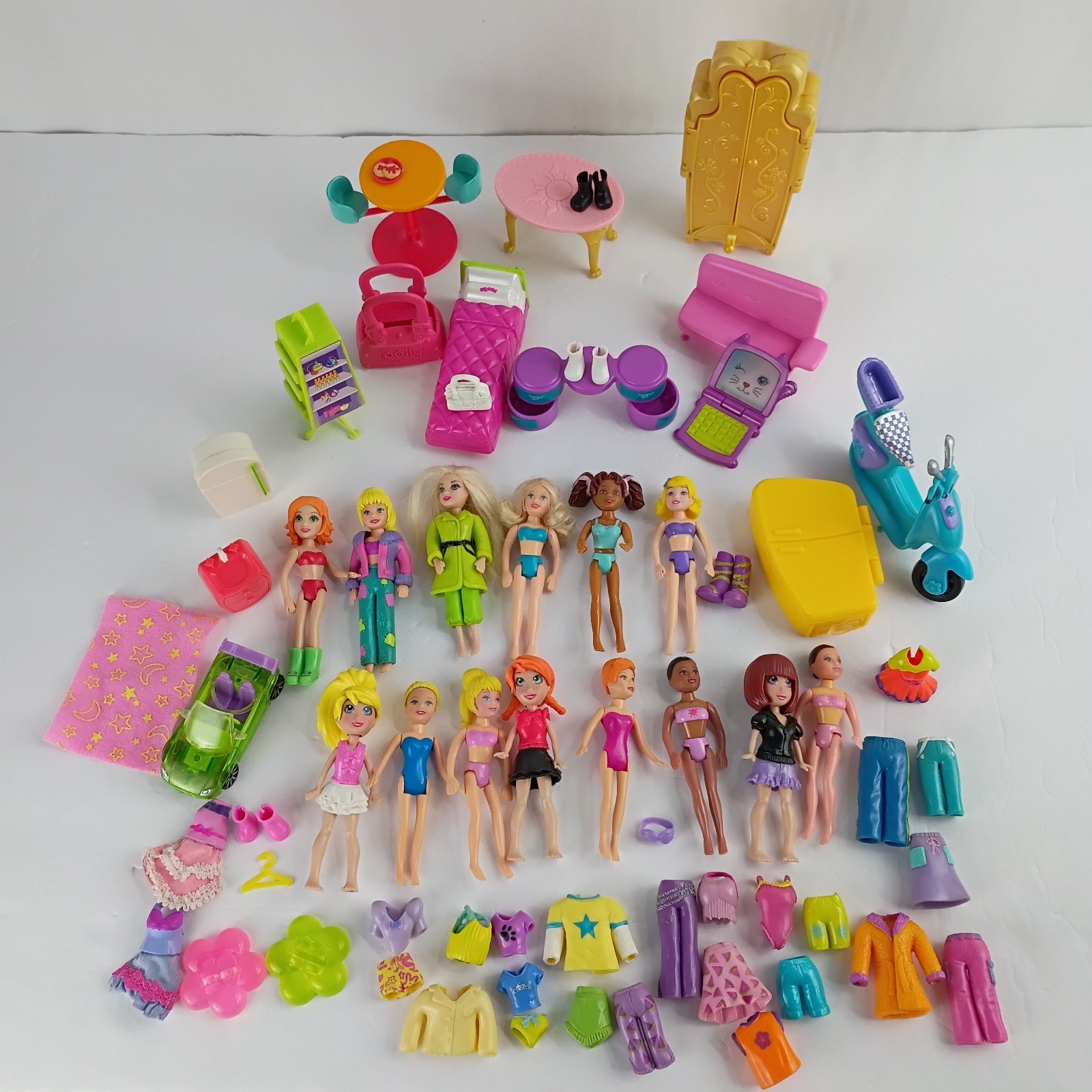 14 Polly Pocket Dolls With Furniture,Clothing, Shoes And Accessories 