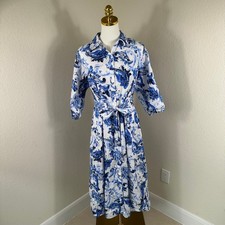 Zara Shirt Dress Women Medium Blue White Paisley Maxi Tie Waist Collared Boho
