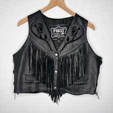Vintage Genuine Leather Fringe Vest Womens L Black Rose Western Festival Y2K