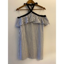 Alice + Olivia Black White Stripe Halter Mini Dress Cold Shoulder Tie Top EUC S