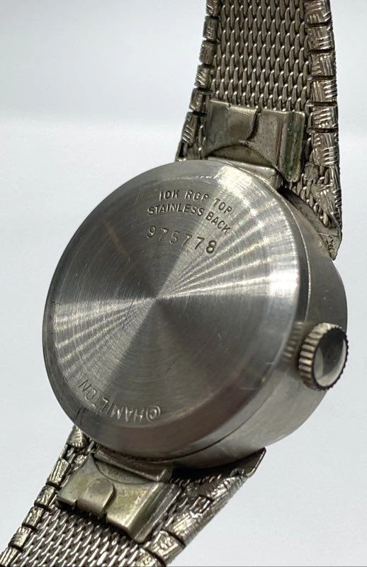 Reloj Pulsera Hamilton 21mm Chapado en Oro Blanco 10k De Colección Raro Cuarzo Para Mujer Foto 3 de 4