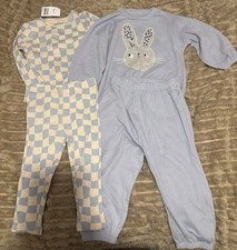 NEXT Unisex Baby Blue/Cream Check Ribbed Bunny 2pc Pyjama Set 1.5-2Y
