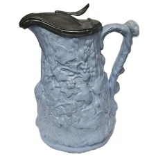 England 1830s-1860s T. Booth Hanley Floral Porcelain Syrup Pitcher w/ Pewter Lid