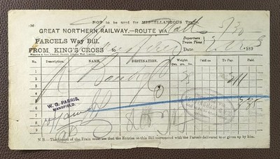 1895 Great Northern Railway King's Cross to Mansfield Parcels Waybill Goods Dept