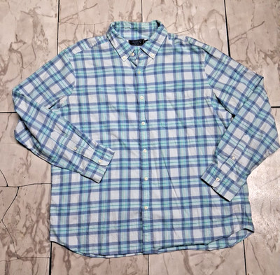 Vineyard Vines Men's XL  Blue White Plaid Slim Fit Whale Linen Button Up Shirt
