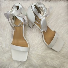 Block Heel Wedding Shoes Bride Open Toe Wedding Heels with Bow Pearl Size 10