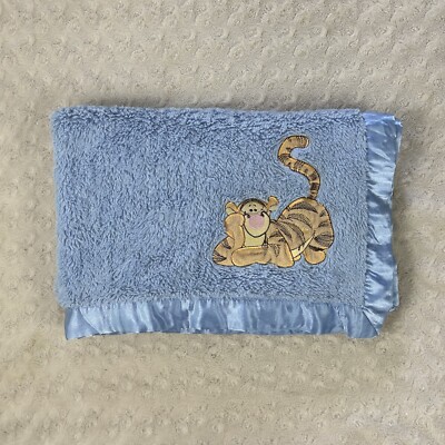 Disney Baby Blue Tigger Baby Blanket Satin Silky Edge Lovey Crown Crafts