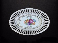 Dresden Porcelain Reticulated Oval Bowl Hand Painted Gold Leaf Floral 8.5"