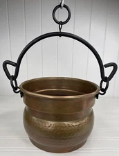 Antique Copper Cauldron Iron Handle Hanging Fireplace Kettle Pot 5 3/4 X 8" w